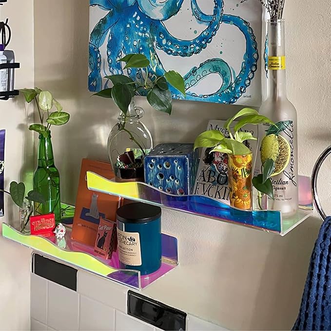 YMVV Large Iridescent Clear Acrylic Wall Mounted Floating Shelf, Perfume Organizer Shelf,Modern 15.7 IN Thickened Bathroom Storage Toy Display Organizer Decor 4 Pack
