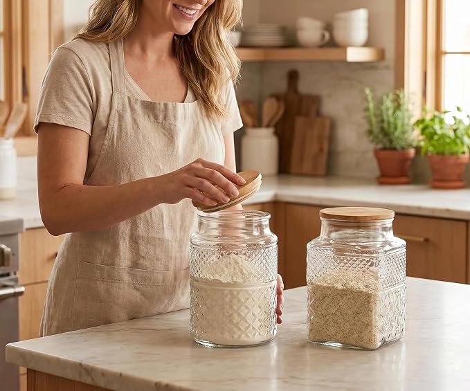 Large Glass Storage Jar, 2 Pack 60 FL OZ Glass Food Storage Containers with Bamboo Lid, Kitchen Laundry Room Organization Jar for Cookies Coffee Flour Sugar Laundry Pods Detergent Airtight Glass Jars