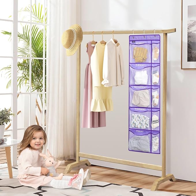 Weekly Clothes Organizer for Kids, Monday to Friday Hanging Closet Organizer, 5-Shelf Large Capacity School Storage with Side Pockets, Purple (Quantity 1)
