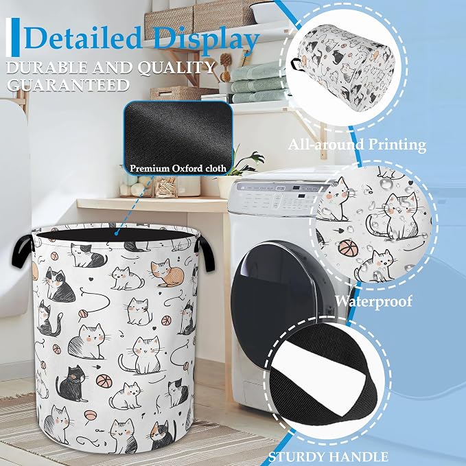 Cartoon Cat Laundry Basket Collapsible Laundry Hamper Oxford Storage Bin for Clothes Storage, Organizer, Books and Sundries 16" X 20.8"