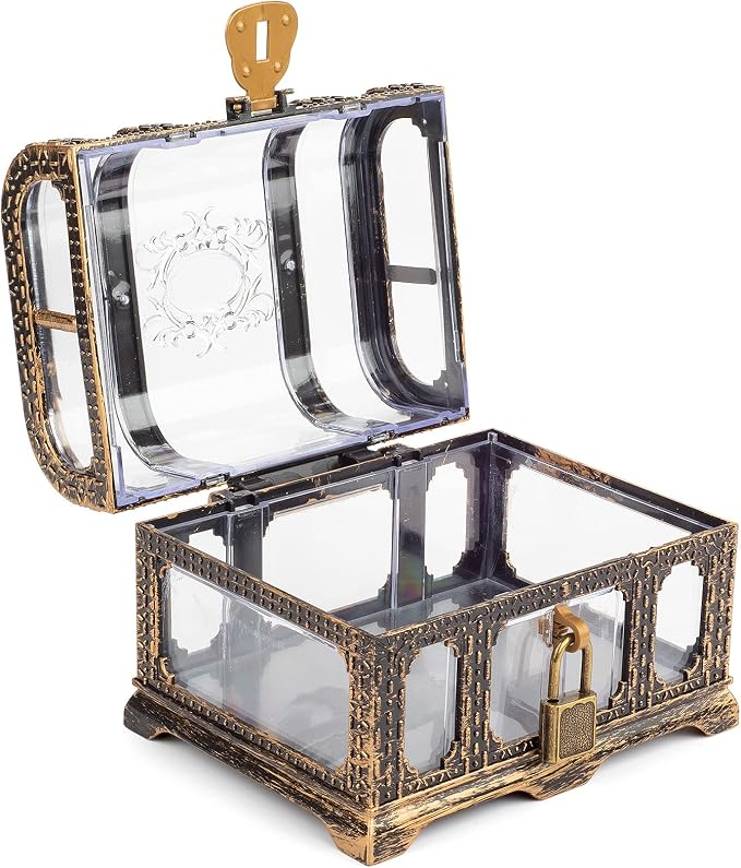Plastic Transparent Antique Pirate Treasure Box with Lock and Key, Treasure Toy Box Prizes for Kids, Pirate Party Decor