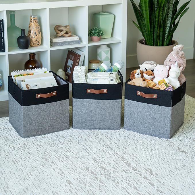 OrganiHaus 13x13 Cube Storage Bins, Set of 4 - Fabric Storage Cubes | Sturdy, holds its shape; odor-free; fits IKEA Kallax and Expedit; vegan leather handles