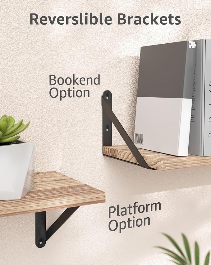 COCOYA Wall Shelves 7.3" Deep Solid Paulownia Wood (Light Brown, Set of 4) | 15mm Thick, Wider & Longer & Stronger, Easy to Install, Floating Bookshelves, For Bathroom Bedroom, Office Storage Organizer