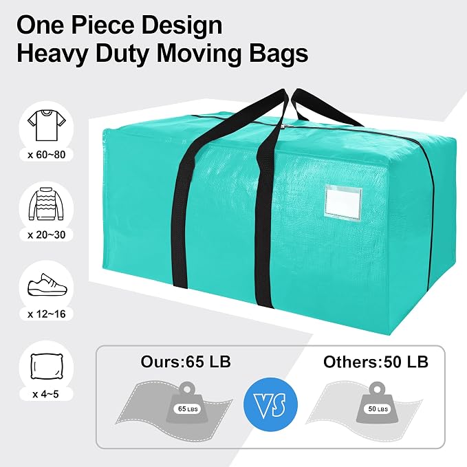 VELVETSURE 6 Pack Heavy Duty Large Moving Bags W/Backpack Straps - Strong Handles & Zippers, Storage Totes For Space Saving, Fold Flat, Alternative to Moving Box and Storage Bin, Aquamarine