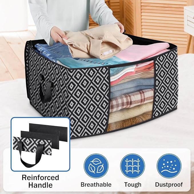 StorageTastic Direct 100L, 3 Pack, Storage Containers, Large Clothes Storage Bins Foldable Organization and Storage Bags with Reinforced Handle, Clear Window for Bedding, Blankets, Clothing, Black