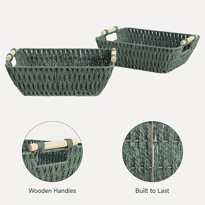 StorageWorks Large Wicker Storage Basket for Organizing with Wooden Handles, Toilet Paper Baskets for Shelf, Sage Green, 2-Pack