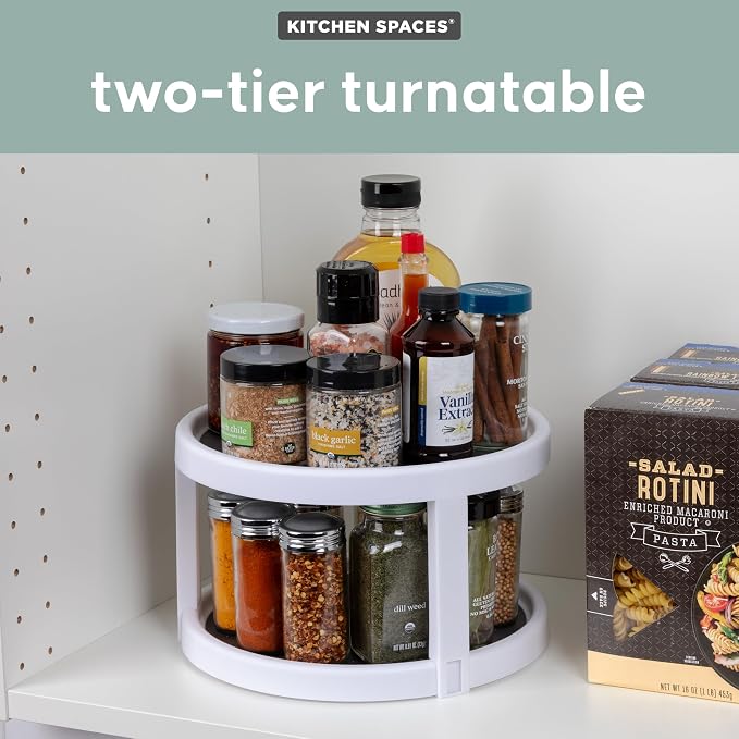 Kitchen Spaces Two-Tier Lazy Susan Organizer, Cabinet Turntable Shelf Storage for Kitchen and Pantry Items, Great for Spices or Condiments, Non-Skid, Sturdy with Full Spin, White