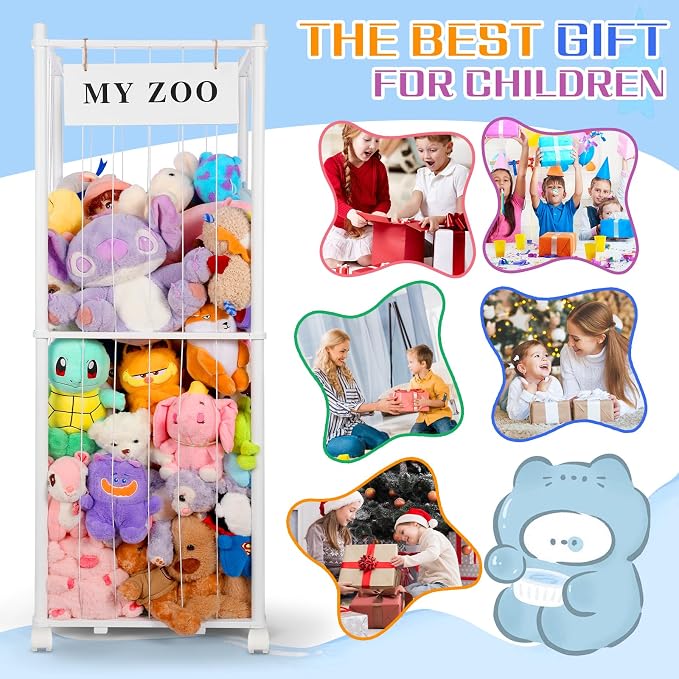 GLDZI Stuffed Animal Storage Zoo with Wheels, Wooden Stuffed Animal Organizer with Elastic Cords, Space Saving Toy Plushies Storage Holder for Playroom, Bedroom, Living Room(White, Large)