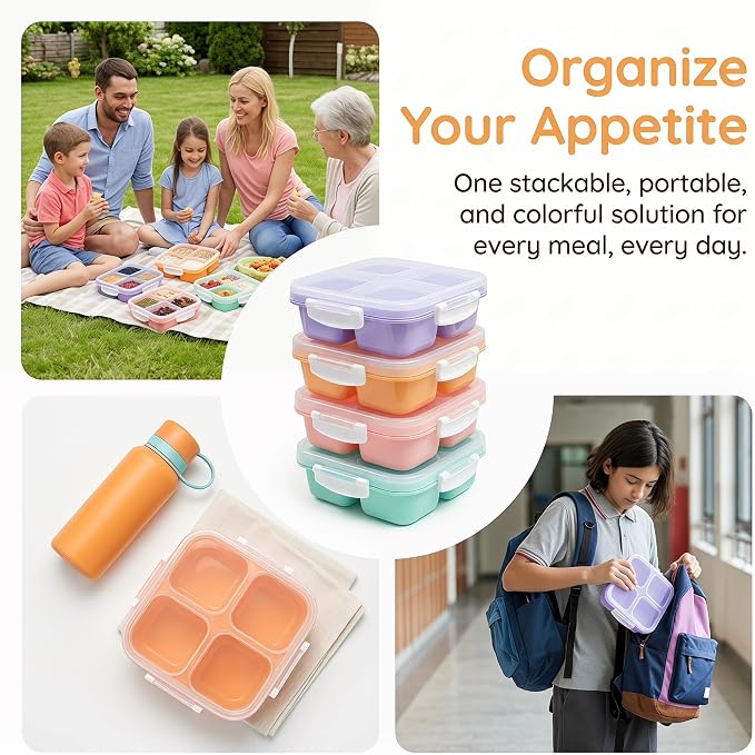 EONJOE 4-Pack Small Snackle Box With snap lock lid,Dishwasher Safe | 4-Compartment,BPA free,Food Grade PP5 Plastic, Airtight Lid,On-the-Go,