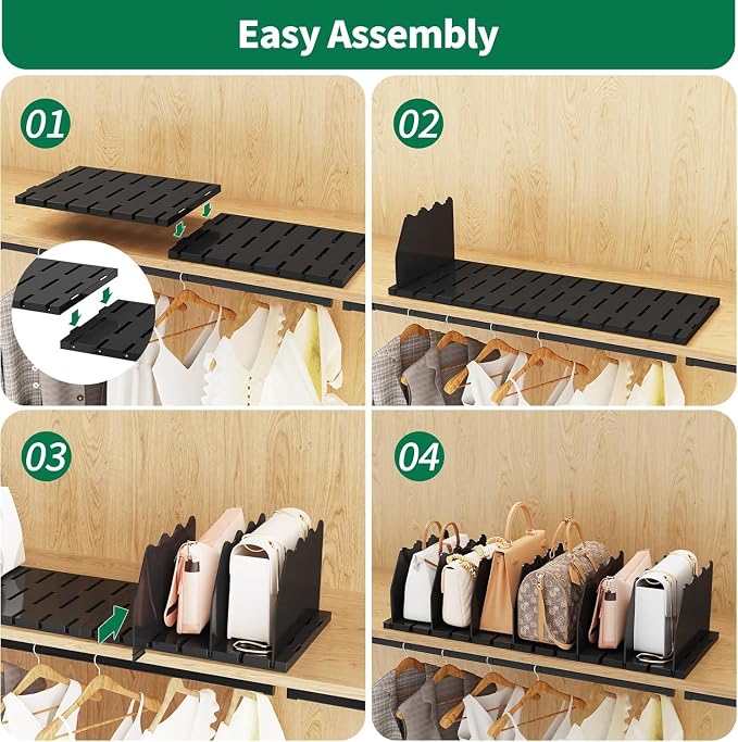 SPACEKEEPER Shelf Divider for Closet, 2 Pack Adjustable Purse Organizers Handbag Separators Storage Organizer Bookshelf Separator Dividers in Bedroom Office Kitchen Bathroom, Black