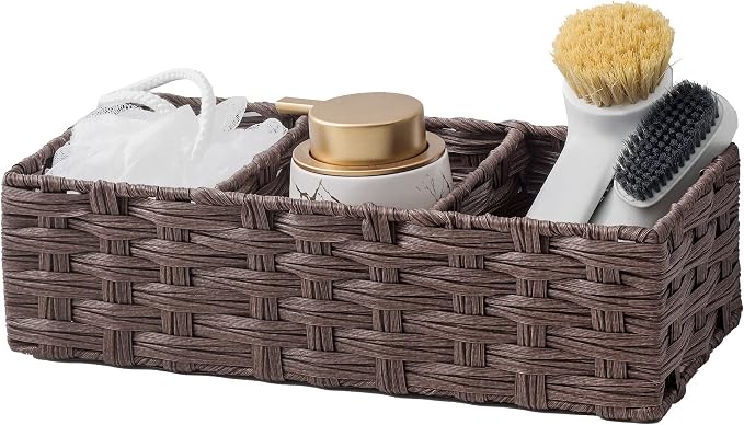 Toilet Tank Topper Paper Basket Multiuse Hand Woven Plastic Wicker Basket Bins with Divider for Shelves Rustic Farmhouse Bathroom Decor Countertop Organizer Storage