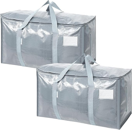 TICONN 2 Pack Extra Large Moving Bags Heavy Duty with Zippers & Carrying Handles, Durable Storage Bags Moving Boxes for Closet Organizers and Storage (2 Pack, Light Grey)