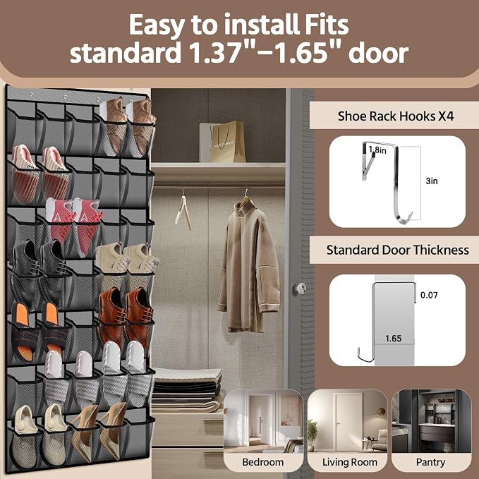 PAULONE 35 Pocket Over the Door Shoe Organizer,Reusable Breathable Large Mesh Bag Men's & Women's Sneaker Organizer,Shoe Organizer for Kids,Hanging Shoe Storage Hanging Bag (2PCS-Gray)
