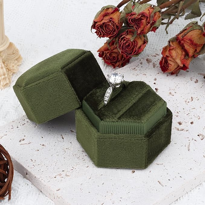 DesignSter Hexagon Velvet Ring Box - Premium Gorgeous Vintage Double Ring Display Holder with Detachable Lid for Proposal, Engagement, Wedding, Ceremony(Olive green)
