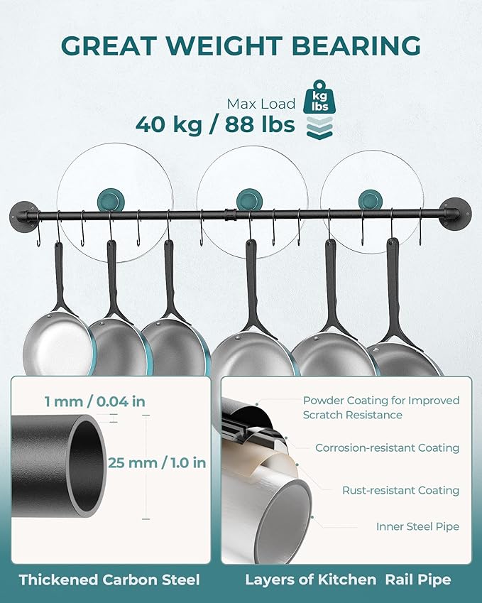 OROPY 38'' Pot Rack Wall Mounted, Iron Pipe Hanging Pot Rack, 14 S Hooks | Industrial Utensils Kitchen Hanging Rail, Pot and Pan Organizer, Pot Lid Organizer, Black