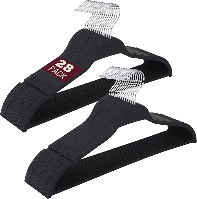 Black Plastic Thin Hangers for Clothes, Upgraded Rubberized Hangers Non Slip, Durable Slim Clothing Notches Hangers, 17.7 Inches Wide for Adults Clothes, 28 Packs