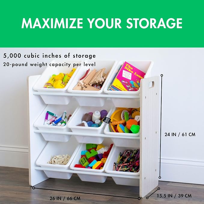 Humble Crew Toy Storage Organizer with 9 Removable Storage Bins for Kids Playroom, 3-Tier Toddler Toy Organization, Light Wood/White