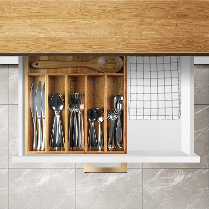 KITEISCAT Acacia Wood Silverware Organizer, Kitchen Utensil Drawer Organizer for Forks & Spoons, 7-Compartment Cutlery Tray, Flatware Holder