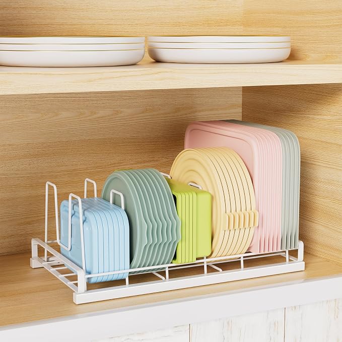 Food Container Lid Organizer, Adjustable 6 Dividers Full-Metal Pot and Pan Organizer Rack for Kitchen Cabinets, Drawers, Cupboards, Pantry Shelves Storage, White