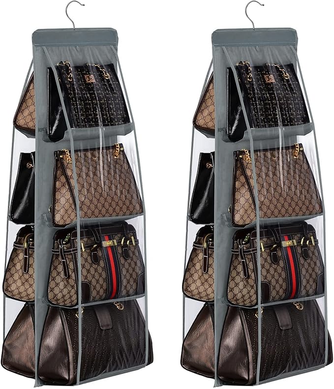 Lirex 2-Pack Handbag Hanging Purse Organizer for Closet, 8 Pocket Handbag Storage Organizer Hanger Oxford Cloth Closet Organizer for Family Closet Bedroom, Foldable and Universal Fit, Dark Grey