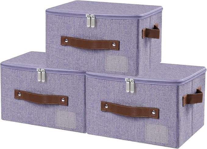 ANMINY 3PCS Storage Bins with Zipper Lid Storage Boxes with Label Holder PU Leather Handles Washable Foldable Decorative Lidded Cotton Linen Fabric Cubes Baskets Closet Organizer - Purple, Small