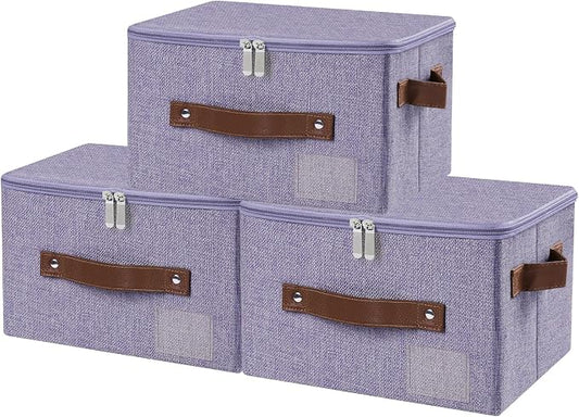 ANMINY 3PCS Storage Bins with Zipper Lid Storage Boxes with Label Holder PU Leather Handles Washable Foldable Decorative Lidded Cotton Linen Fabric Cubes Baskets Closet Organizer - Purple, Small