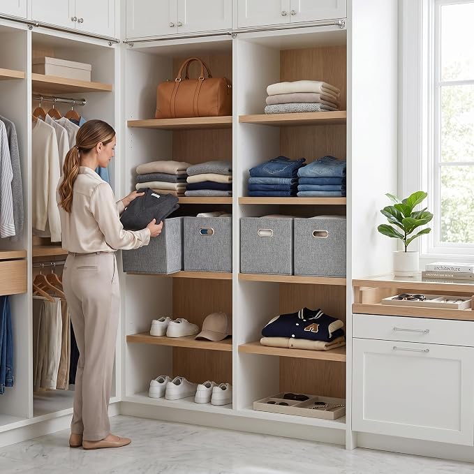 12x12 Gray Fabric Storage Cubes, 4 Pack – Foldable Linen-Look Cube Organizer Bins with Handles, Collapsible Cubby Baskets for Closet, Shelves, Nursery, Dorm Room & Kallax-Style Storage