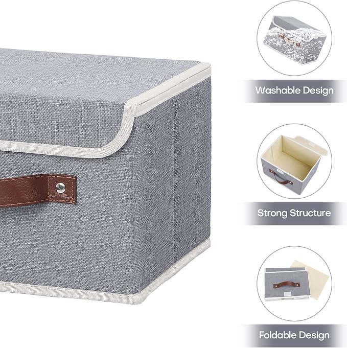 ANMINY 4PCS Storage Bins with Lid PU Leather Handles Storage Boxes PP Plastic Board Decorative Foldable Lidded Cotton Linen Fabric Home Cubes Baskets Closet Organizer Containers - Gray, Small Size