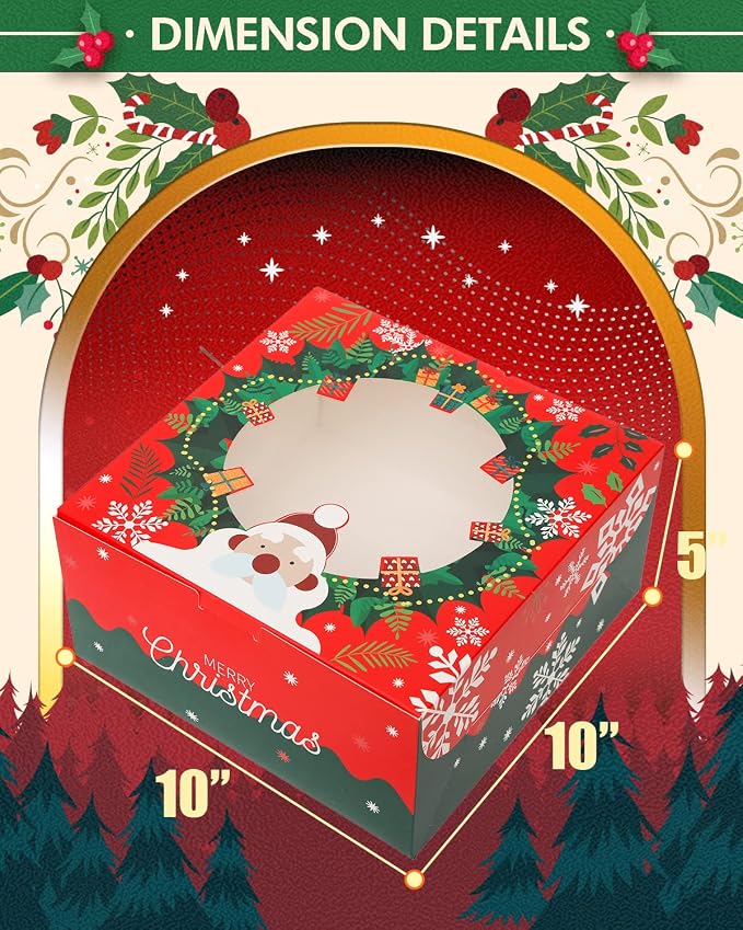 qiqee Christmas 10x10x5 inch Cake Box with Window Bakery Box 4pcs Pastry Box for Christmas's Day