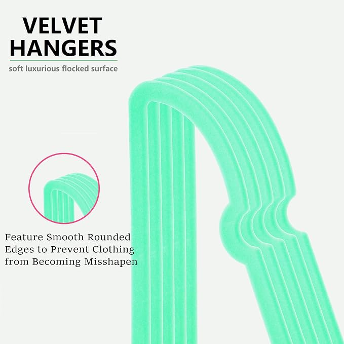 Velvet Hangers 50 Pack,16 Inch Non Slip Adult Heart Hanger (Green) | 360° Swivel Hooks, Cascade Design, Space Saving