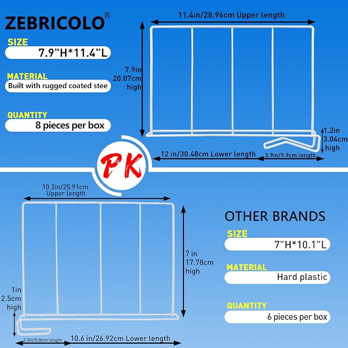 Wire Shelf dividers, Heavy Duty-Shelf dividers, [3.9"] Reinforced Wide BottomAnti &Tip Bottom Stability,Durable Coated Steel, Will not brea-Set of 8, White