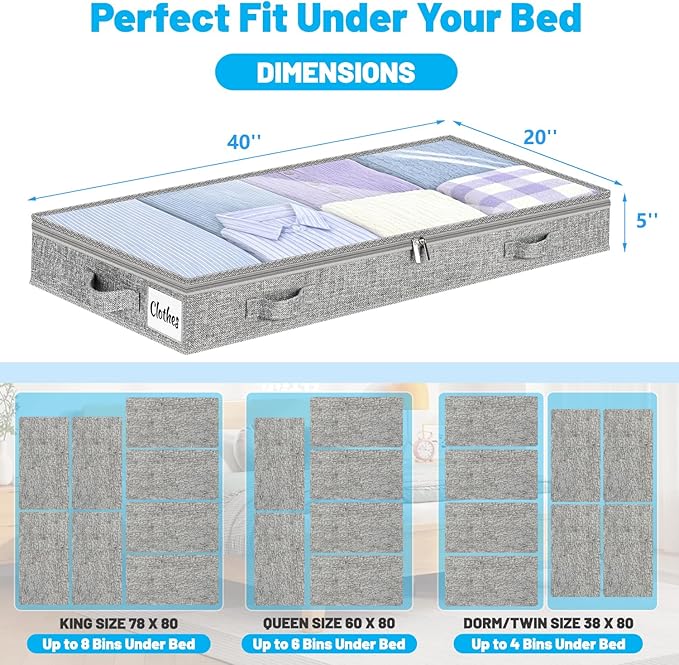 5 Inch Low Profile Under Bed Storage Drawer 2 Pack, Lightweight Underbed Clothes Storage Container Bins With NO STURCTURE, Shallow Storage Bag for Dorm & Home, With Clear Lids & Water-Resistant Fabric
