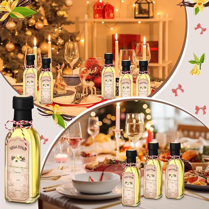 Tioncy 12 Pcs Vanilla Extract Bottles for Homemade Vanilla Jar Glass Square Bottle with Cap Shrink Band Sticker Syrup Food Storage Canister for Liquids Bean Sauce Spice Gift Giving (Black,5 oz)