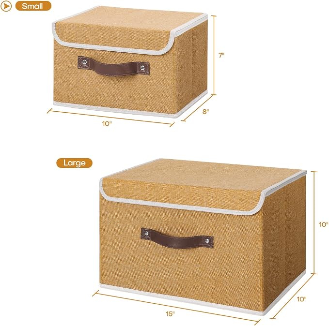 ANMINY Storage Bin with Lid Storage Boxes with PU Leather Handles PP Plastic Board Decorative Foldable Lidded Cotton Linen Fabric Home Cubes Baskets Closet Organizer Container - Khaki, Small Size