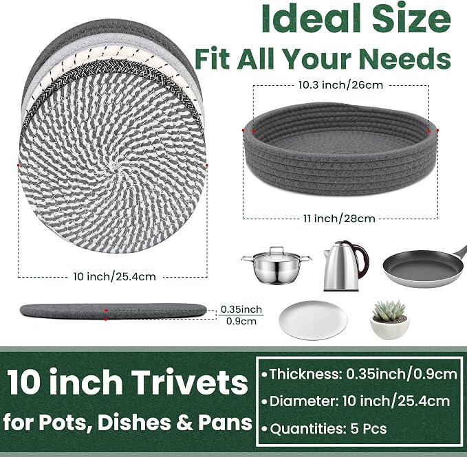 10 Inch Trivets for Hot Dishes, Hot Pots and Pans, 5 Pcs | Comes with Storage Basket, Extra Large Thick Heat Resistant, Large Coaster, Hot Pads, Pot Holders for Countertop