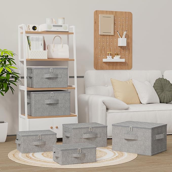 Foldable Underbed Storage Bins, Blanket Bags with Lid, Home Basket Container for Organizing Clothes, Shoes, Pillows, 14.9x10.2x5.9Inches, Grey, 1 Pack
