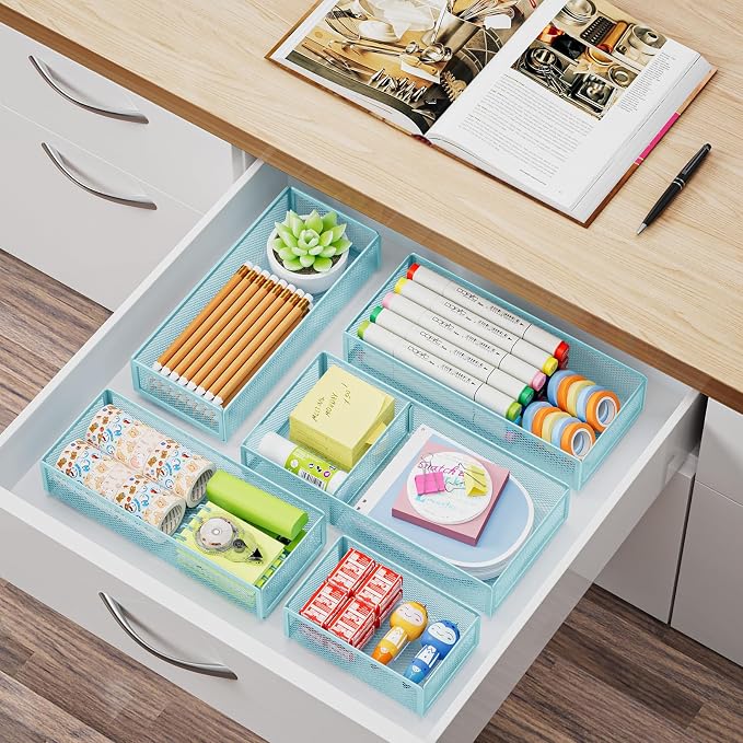 Marbrasse 5 Pack Desk Drawer Organizer Set, Mesh Drawer Storage Trays with 1 Adjustable Divider, Desk Organizers and Accessories, 5 PCS Drawer for Office Supplies, Makeup & Vanity (Blue)