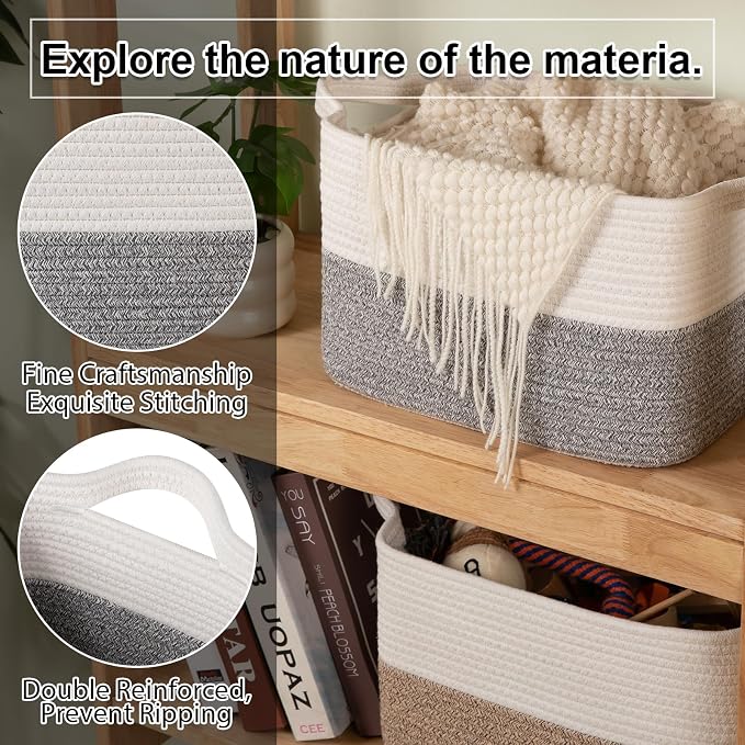 OIAHOMY Woven Storage Basket for Shelves, Rectangle Cotton Rope Baskets for Organizing, 16 x 12 x 10 in, Storage Bins for Dog Toys,Towel,Books,Gift,Grey and White