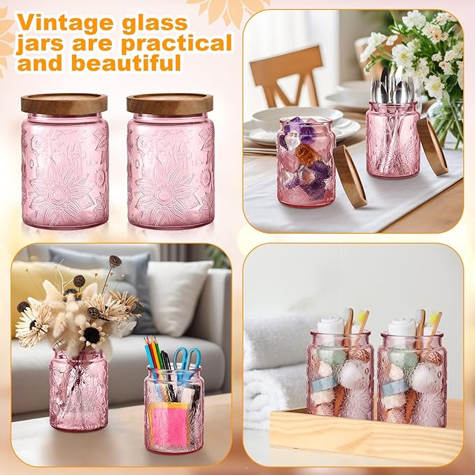 LemonRoad 2 Pcs Vintage Glass Storage Jars 23.67 oz Candy Jar Canister with Solid Wood Lids Food Storage Container for Kitchen, Ground Coffee, Tea, Sugar, Decorative Mason Cookie Jars (Pink)