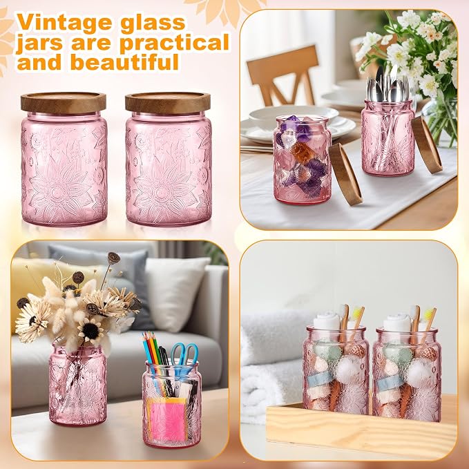 LemonRoad 4 Pcs Vintage Glass Storage Jars 23.67 oz Candy Jar Canister with Solid Wood Lids Food Storage Container for Kitchen, Ground Coffee, Tea, Sugar, Decorative Mason Cookie Jars (Pink)
