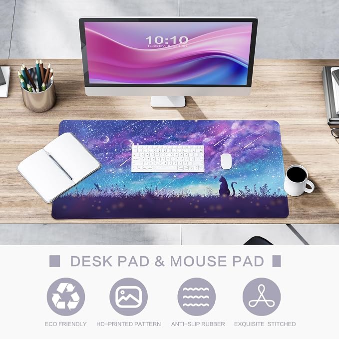 Lokigo Gaming Mouse Pad, Large Mouse Pad for Desk, Desk Mat Extended Mousepad, Cute Purple DeskPad with Non-Slip Rubber Base, Computer Mats for Desktop Home Office (31.5"x15.7", Cat)