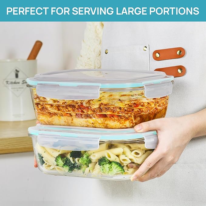 Vtopmart 2Pack 2260ml/76.4oz Extra Large Glass Storage Containers, Green | Meal Prep Food Container Set with Snap Airtight Lids, Microwave, Oven, Freezer, Dishwasher Safe, Baking, BPA Free