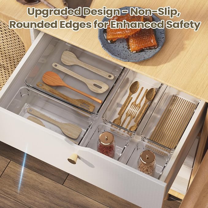 Clear Plastic Drawer Organizer Set with 15 Inch Extra Long Bins, 4 Sizes Large Acrylic Organizers for Kitchen Utensils, Bathroom Trays and Makeup Storage