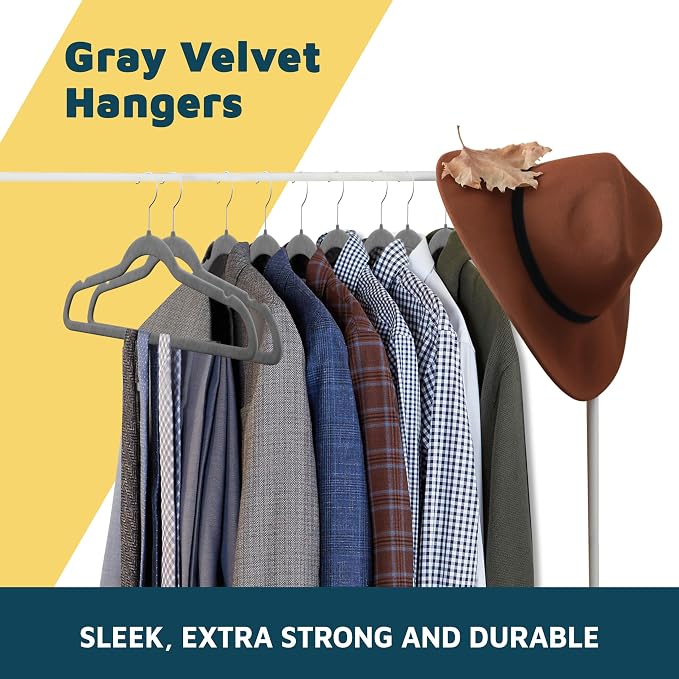 Lifemaster Velvet Clothes Hangers – with 360 Degree Swivel Hook and Non-Slip Shoulder Notch, Holds Up to 10 lbs, Heavy Duty Hanger Set, for Organizing Suit, Dress, Coat, and Clothes, Pack of 10, Gray