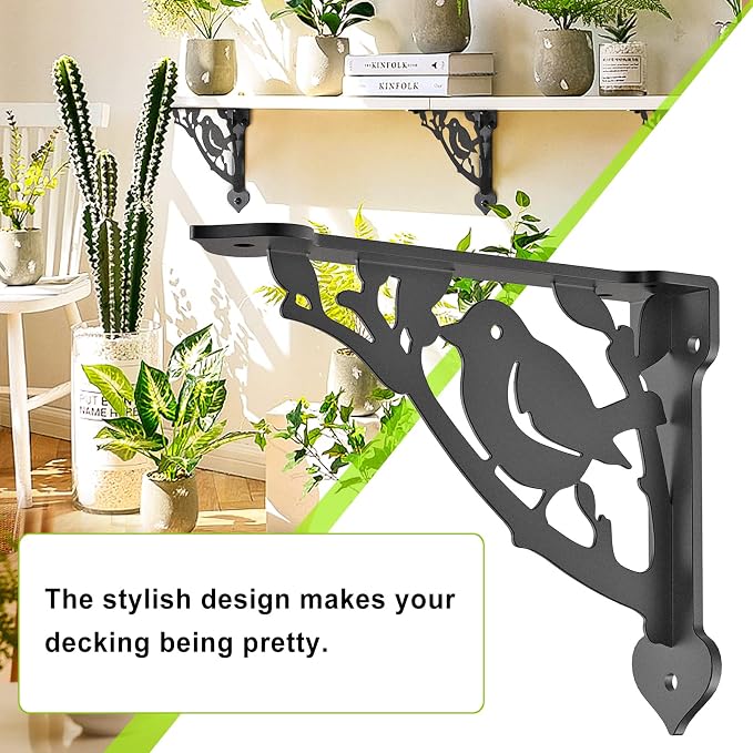 SELEWARE Heavy Duty Shelf Brackets 8 Inch, Bird Shelves Brackets, 300LB Capacity Decorative Metal L Brackets for Floating Shelves, Black Rustic Wall Mount Shelving Bracket with Screws, 4 Pack