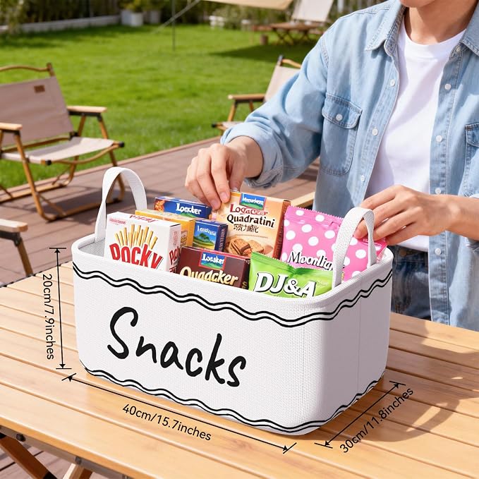 Snack Basket for Pantry & 5 Seal Clips - Snack Bin Organizer for Countertop - Imitation Linen Snack Storage Containers for Storing Chips, Pretzels, Cookies, Popcorn and more (1, White)