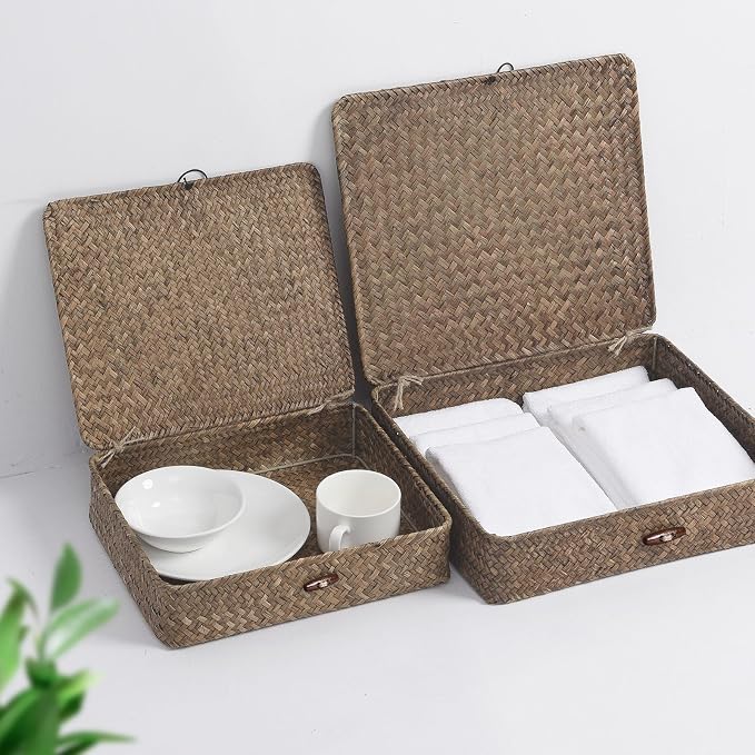 Set of 2 Flat Seagrass Storage Bins with Lid Wicker Storage Baskets for Organizing, Woven Shelf Organizer Bins Home Utility Organizer Box for Home & Office Supplies(Coffee)