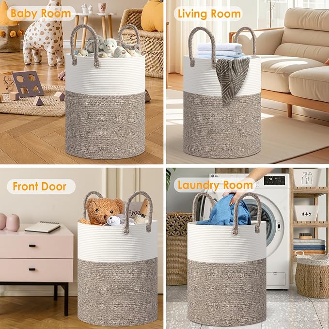 Large Woven Laundry Basket Hamper,100L Cotton Rope Storage Bin for Blankets,Toys and Clothes，Decorative Tall Blanket Basket for Living Room,Baby Nursery Hamper,Baby Storage Basket,Brown/White