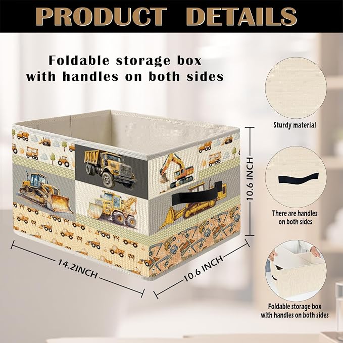 Construction Truck Storage Bin Box with Handles, Excavator Tractor Vehicle Foldable Organizer Basket Toybox for Toddler Boys Kids Nursery Bedroom Playroom Clothes Toys Books