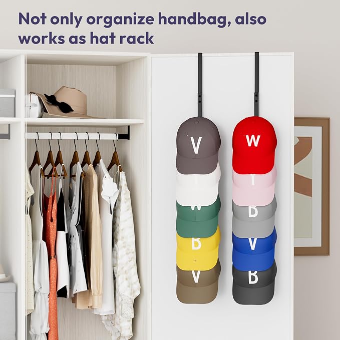 SWTYMIKI Over the Door Purse Organizer - 2 Packs Wall Mounted Purse Rack with 5 Hooks Design, Hanging Handbag Organizer Storage Holds up to 10 Bags, Bag Rack for Closet, Door (Black)